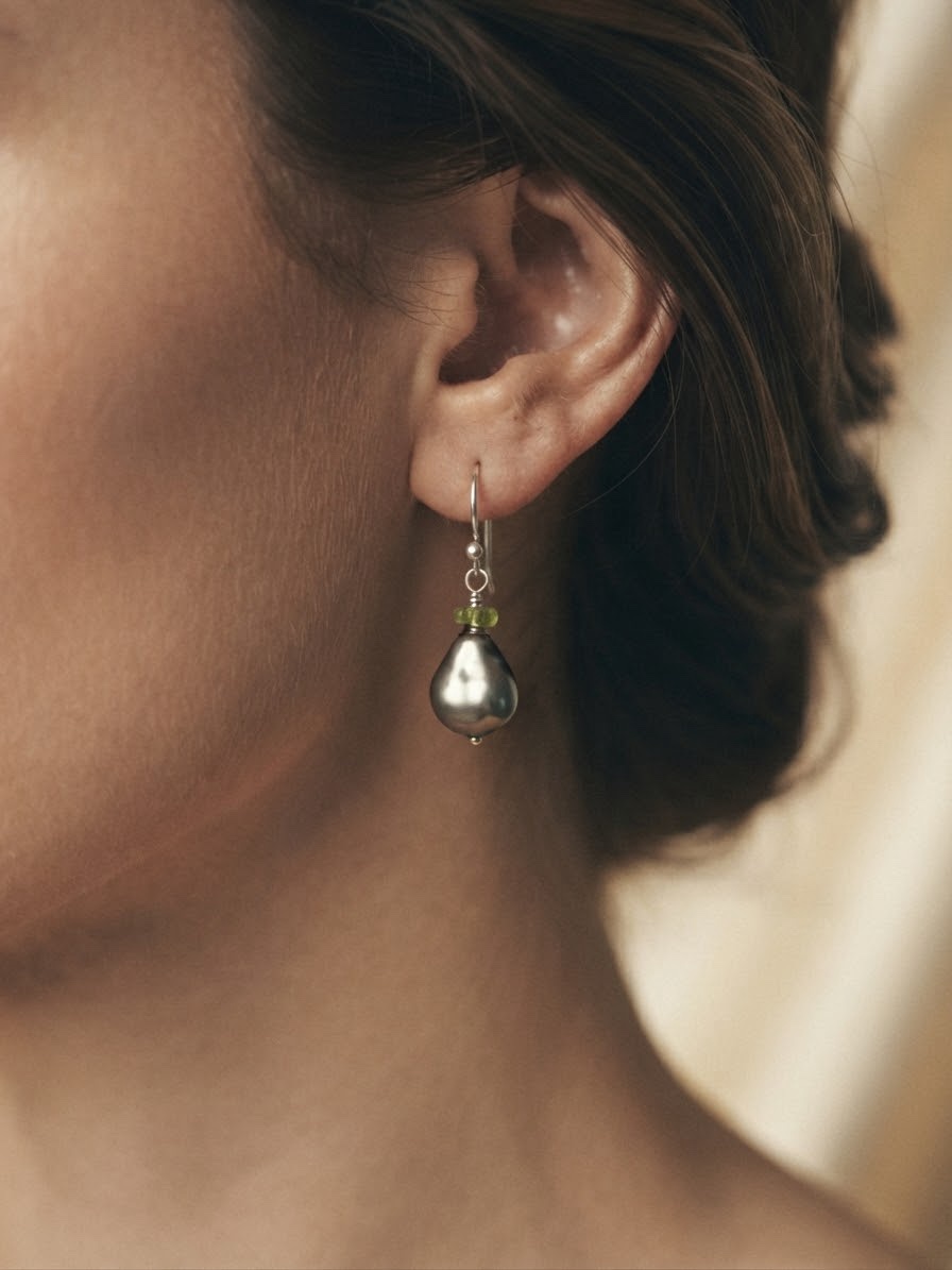 Sterling Silver 925 Baroque Pearl & Peridot Drop Earrings — Grey Pearl Hook Earrings~207