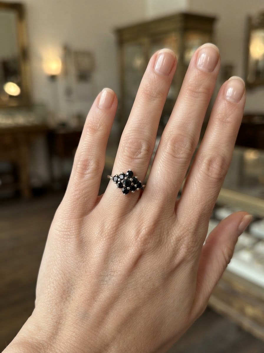 Silver Sapphire-Blue Cluster Ring — Vintage Style Flower Cluster Ring, Size R~207 image 2