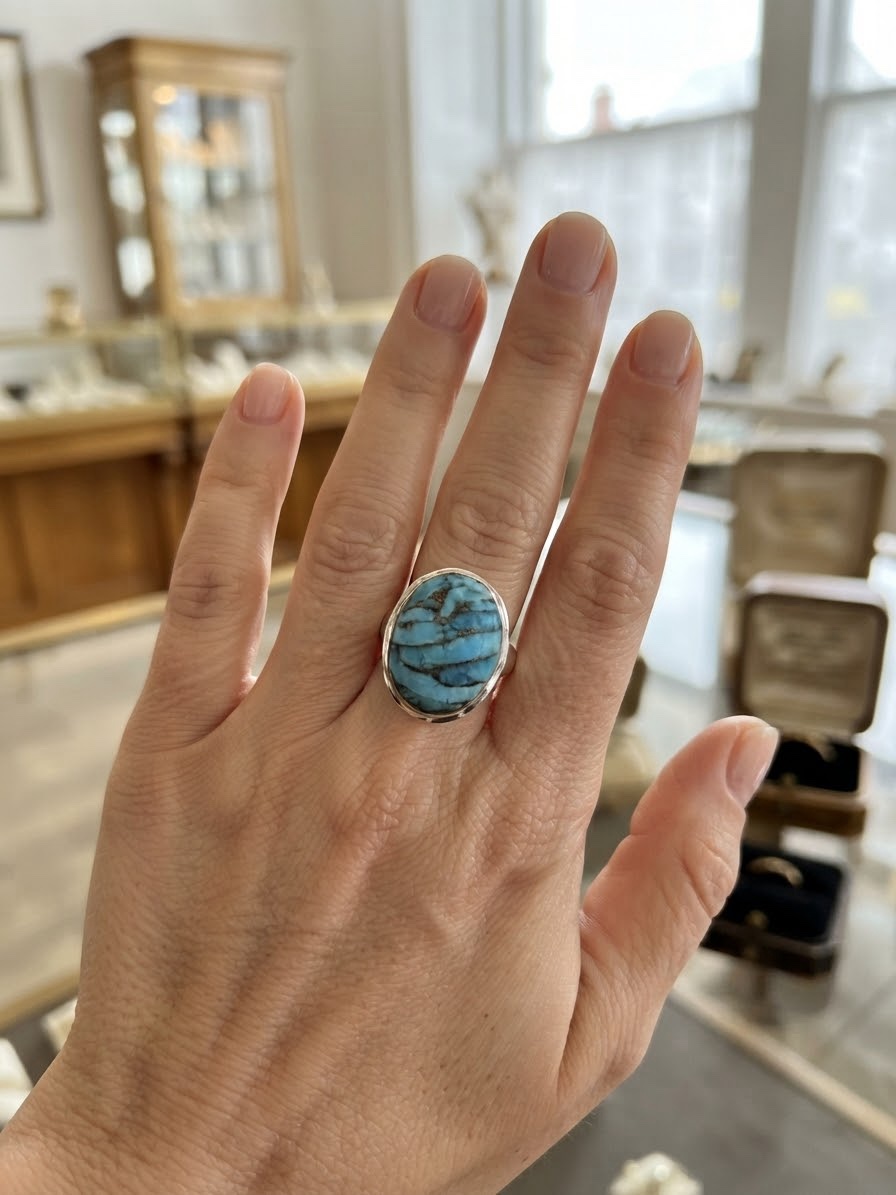 Sterling Silver 925 Copper Turquoise Statement Ring — UK Size M — 6.4g image 2