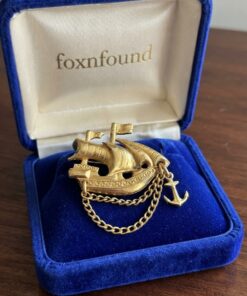 Vintage 1960s Soviet Galleon Brooch — Gold Tone Ship with Anchor & Chains