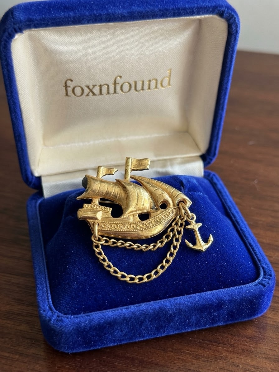 Vintage 1960s Soviet Galleon Brooch — Gold Tone Ship with Anchor & Chains