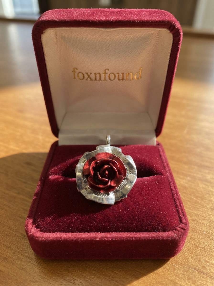 Vintage Soviet Rose Brooch Pendant Silver Tone Mesh Red Flower USSR 1960s ~210