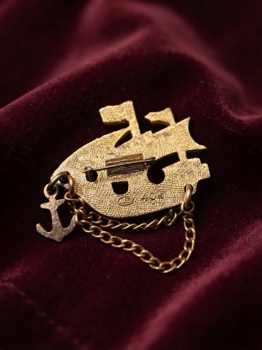 Vintage 1960s Soviet Galleon Brooch — Gold Tone Ship with Anchor & Chains