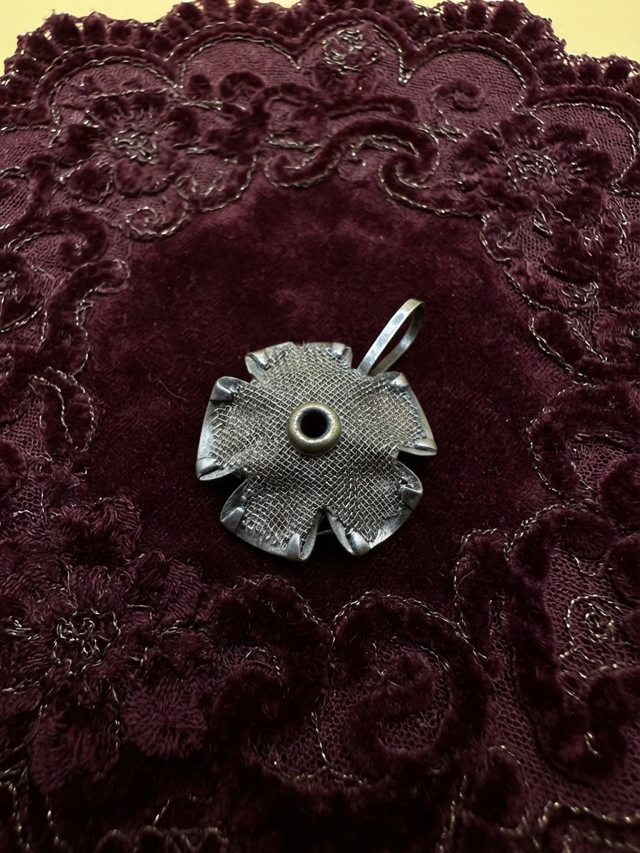 Vintage Soviet Rose Brooch Pendant Silver Tone Mesh Red Flower USSR 1960s ~210