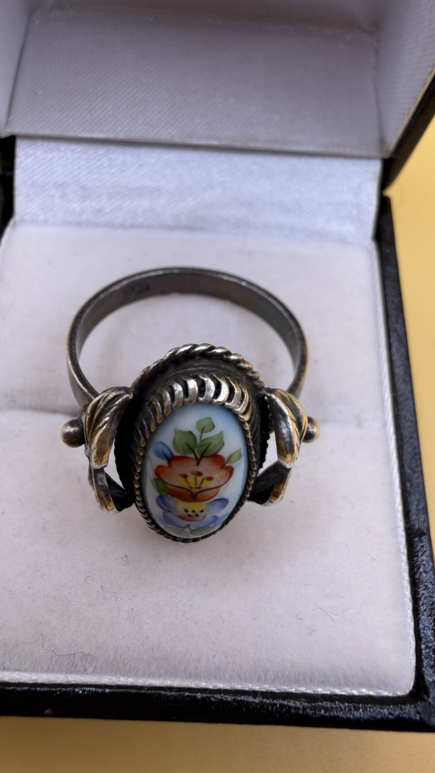 Vintage Russian Rostov Finift Ring Hand Painted Enamel Floral Silver USSR Size P½~211