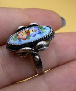 Vintage Russian Rostov Finift Ring Hand Painted Enamel Floral Silver USSR Size P½~211