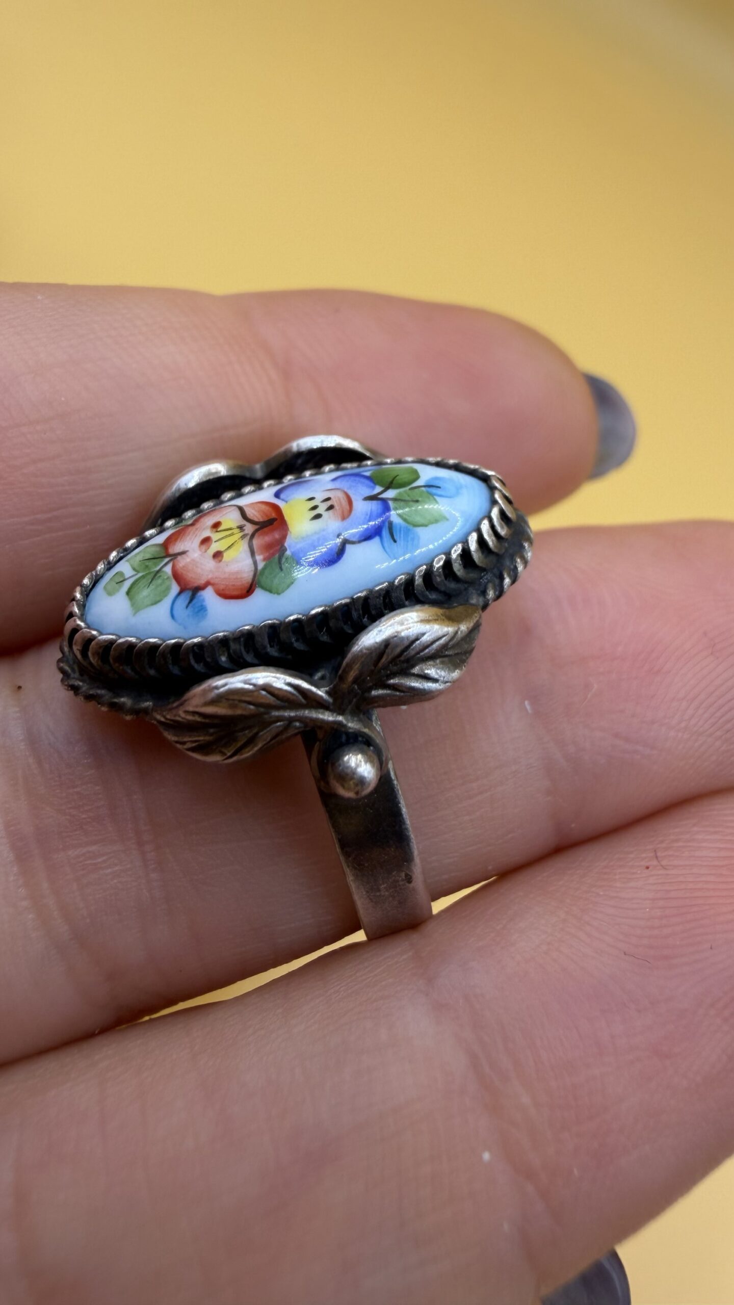 Vintage Russian Rostov Finift Ring Hand Painted Enamel Floral Silver USSR Size P½~211