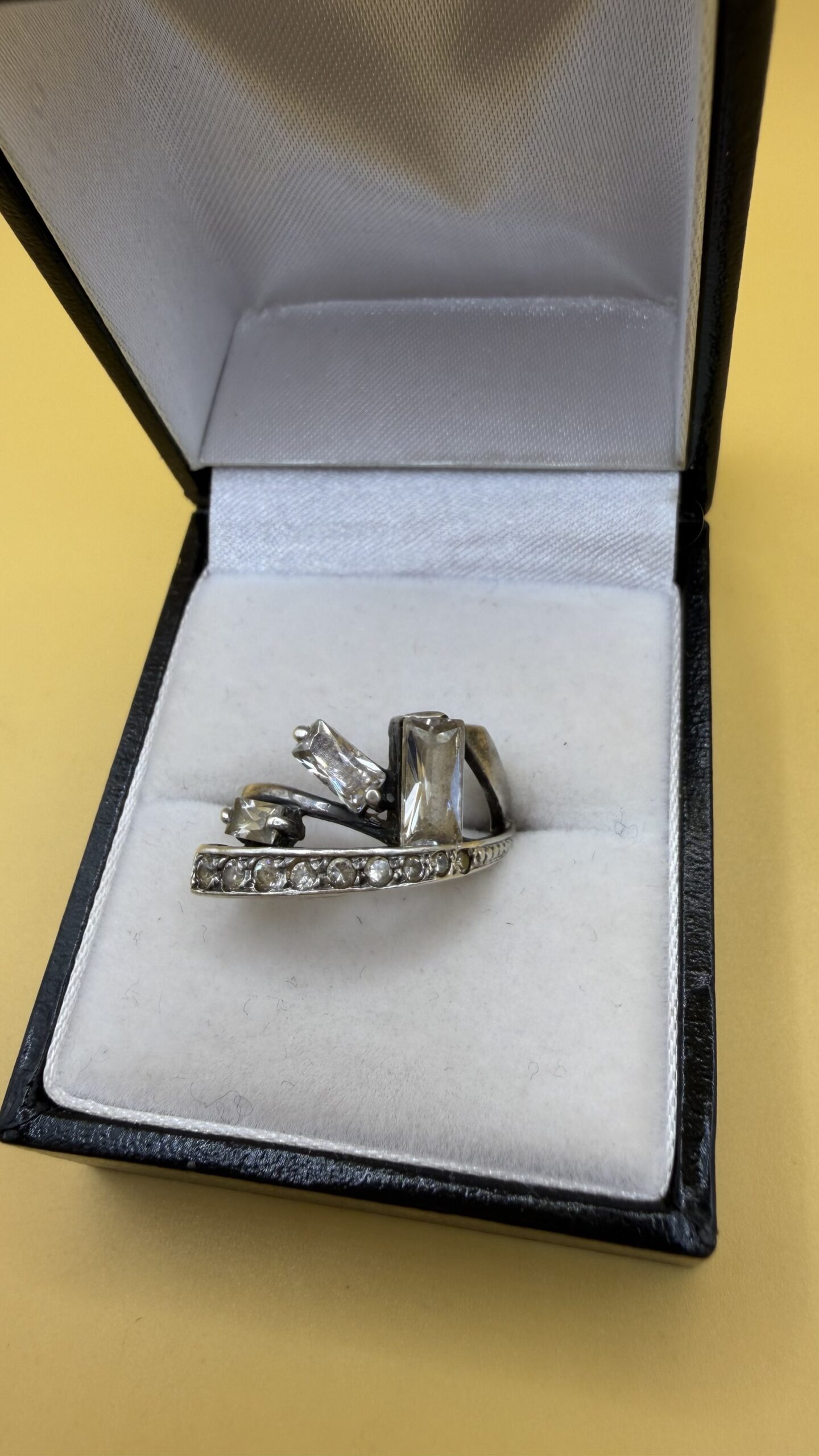 Vintage Sterling Silver 925 Modernist Bypass Ring Baguette CZ Crossover Size N~212 image 4