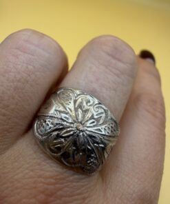 Vintage Silver Wide Band Ring Hand Engraved Floral Scroll Size S US 9 Boho 3.1g~212