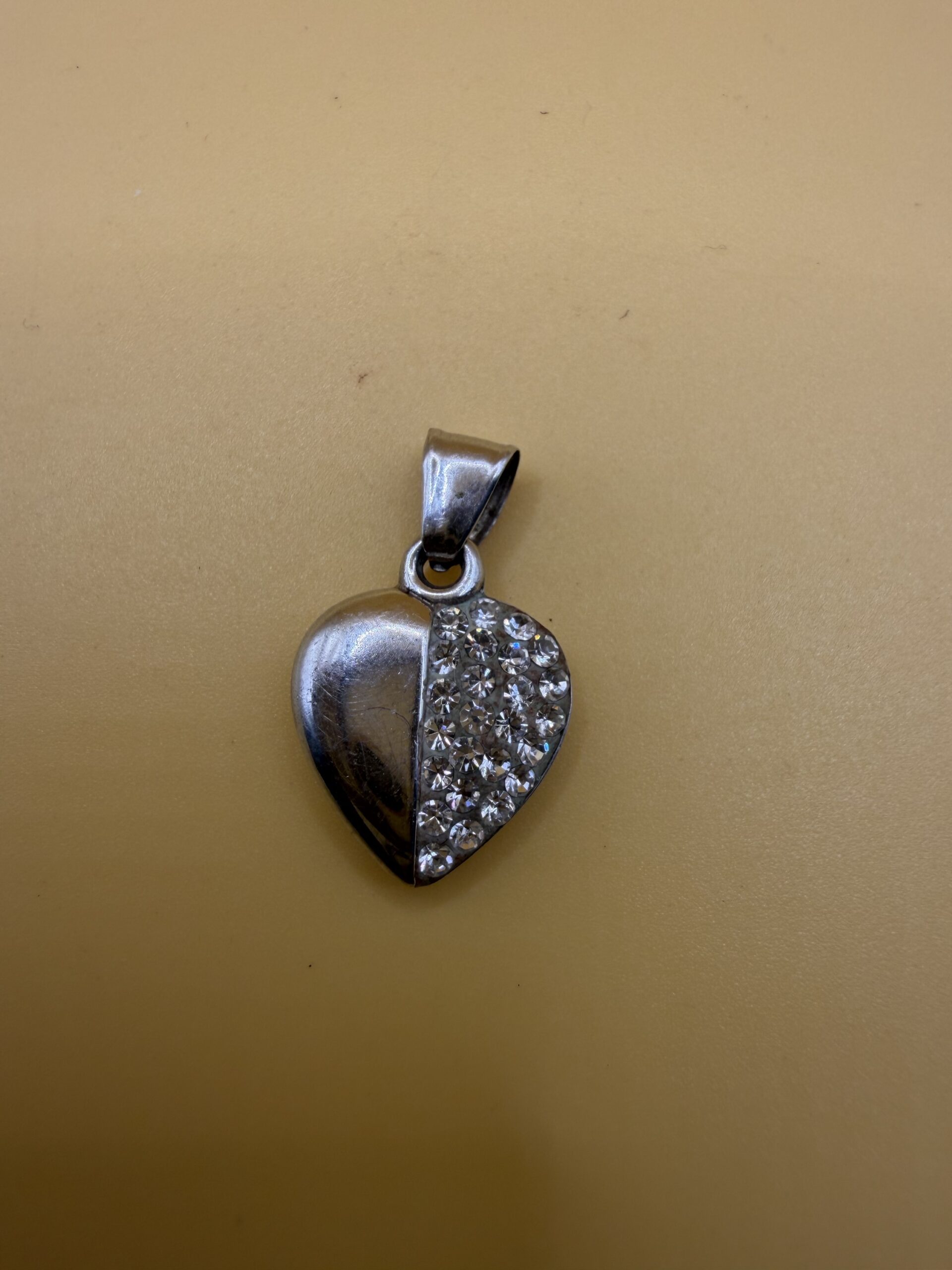 Sterling Silver 925 Puffed Heart Pendant Half Pavé Clear Crystal Charm