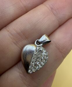 Sterling Silver 925 Puffed Heart Pendant Half Pavé Clear Crystal Charm