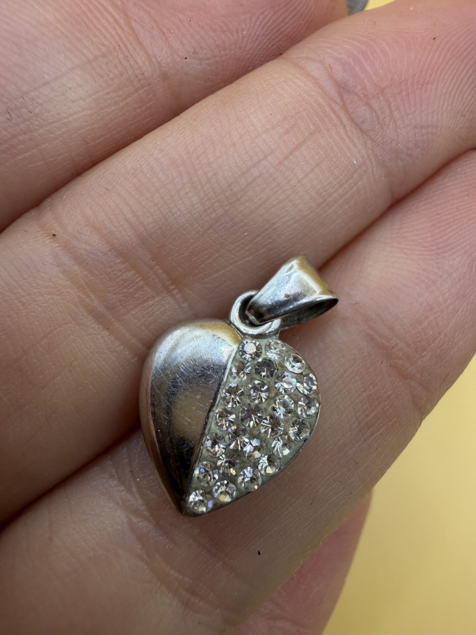 Sterling Silver 925 Puffed Heart Pendant Half Pavé Clear Crystal Charm