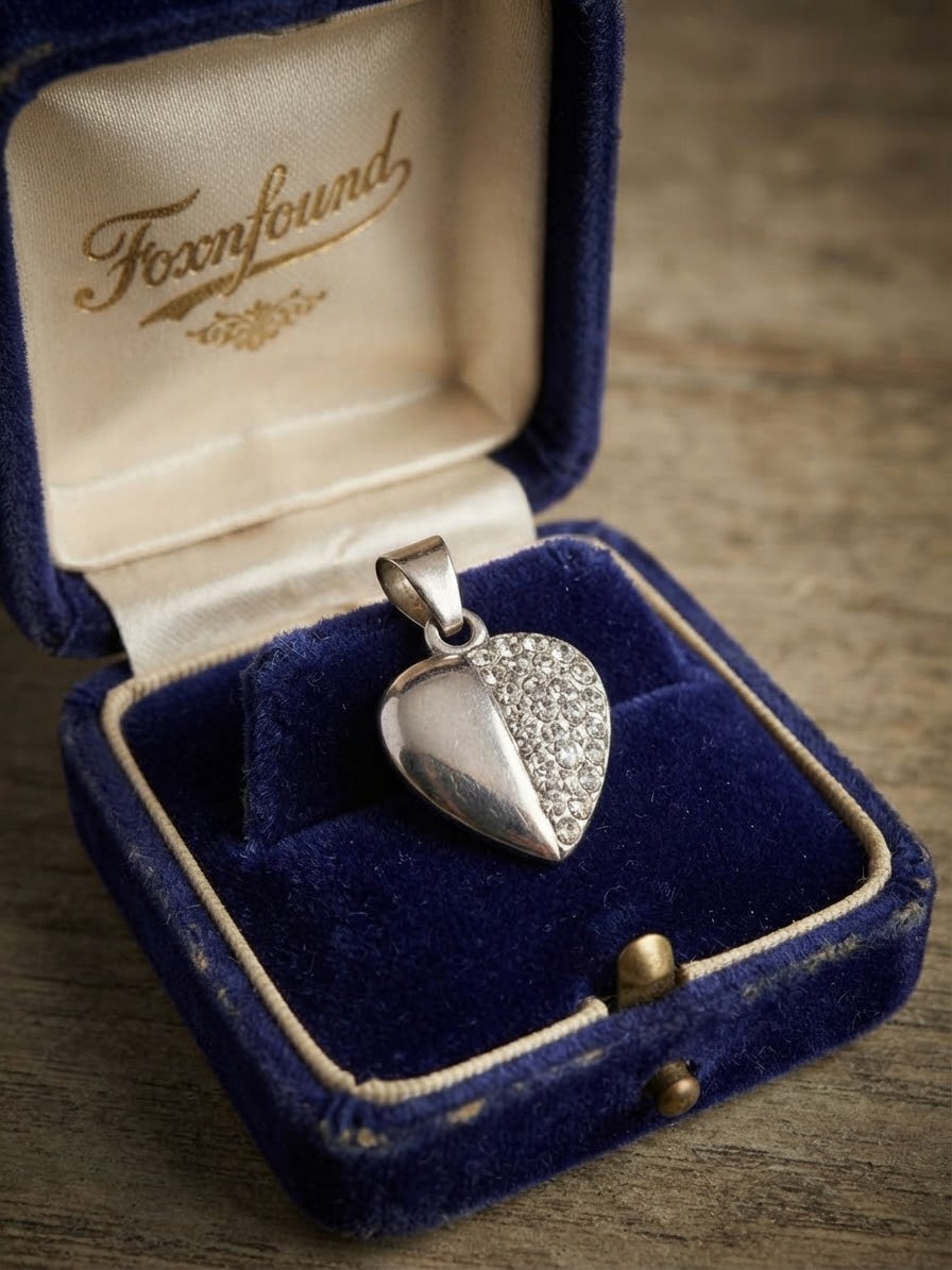 Sterling Silver 925 Puffed Heart Pendant Half Pavé Clear Crystal Charm