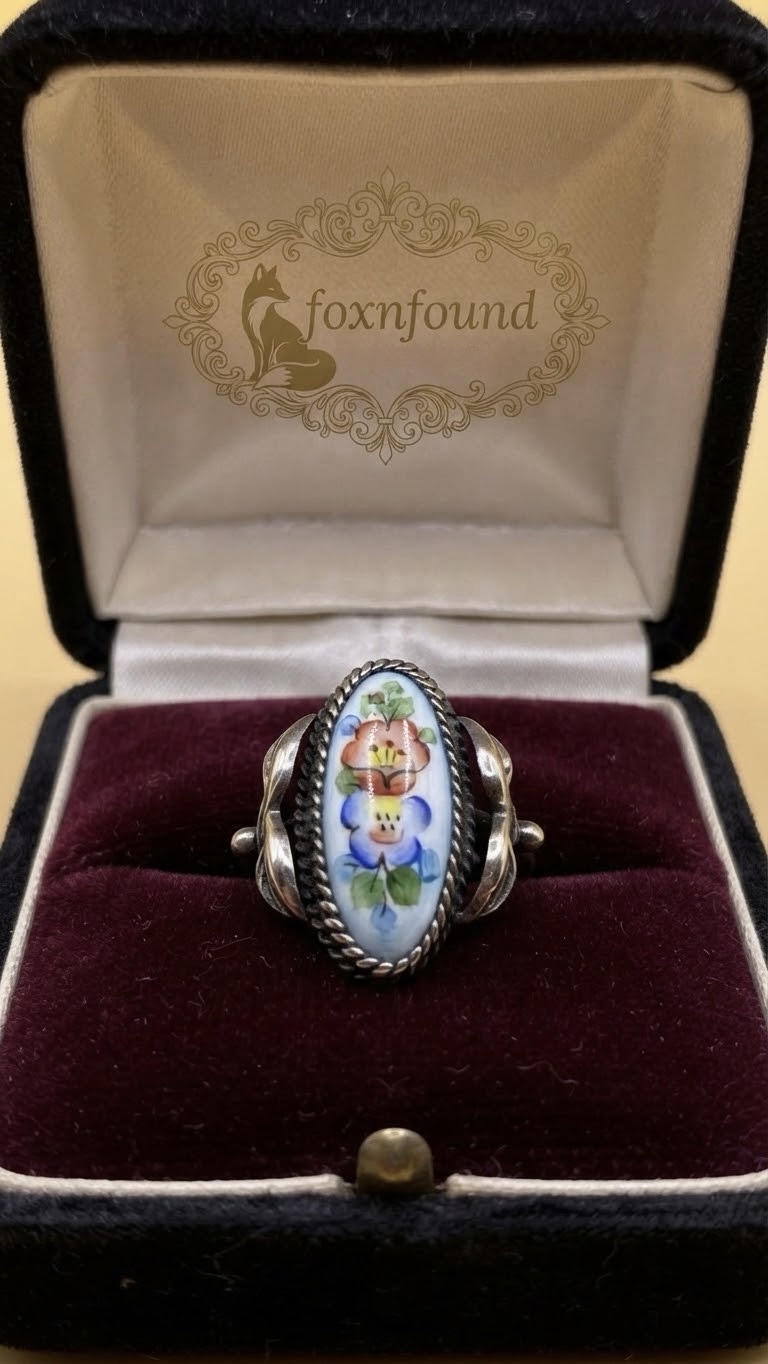 Vintage Russian Rostov Finift Ring Hand Painted Enamel Floral Silver USSR Size P½~211