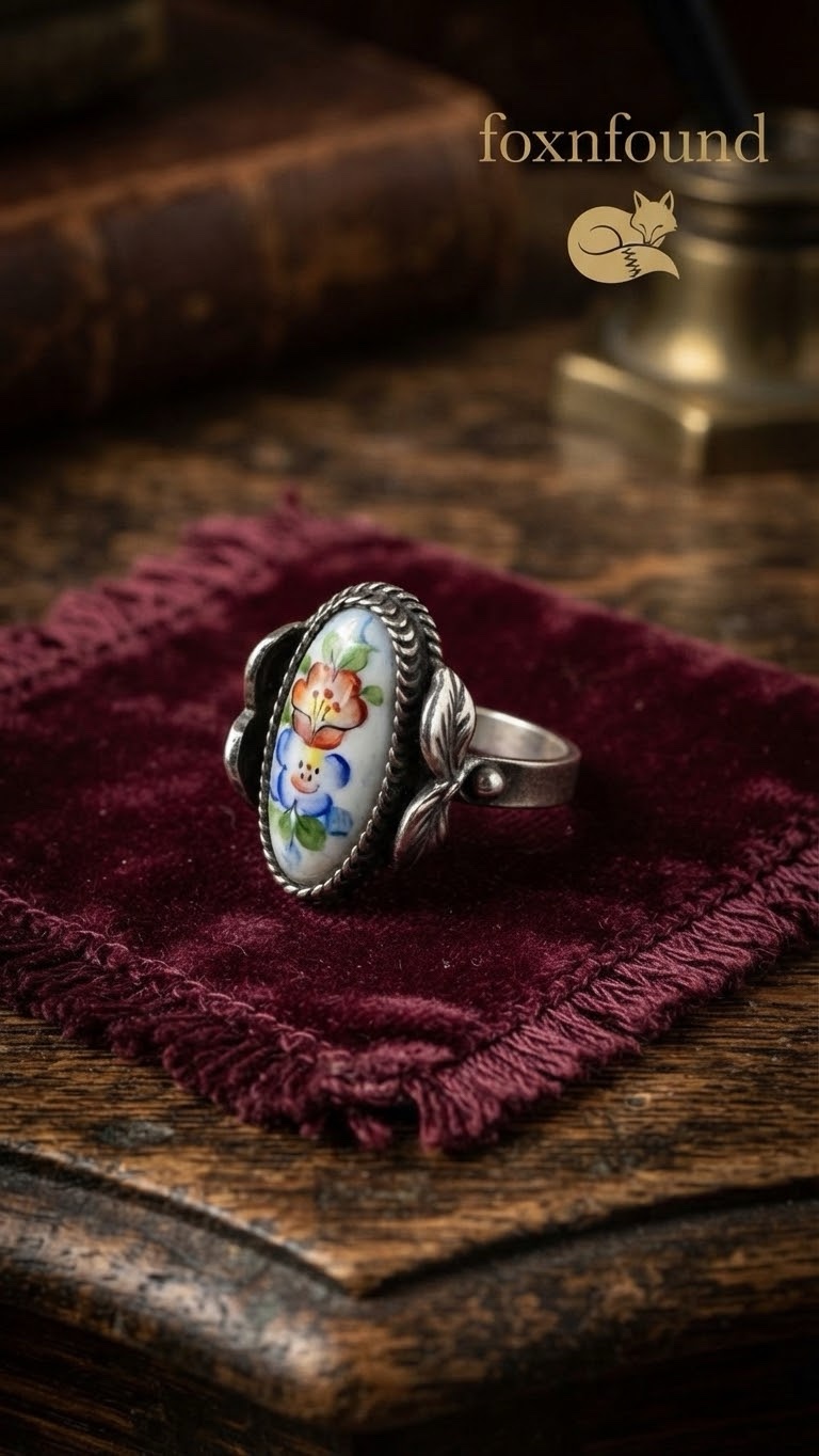 Vintage Russian Rostov Finift Ring Hand Painted Enamel Floral Silver USSR Size P½~211