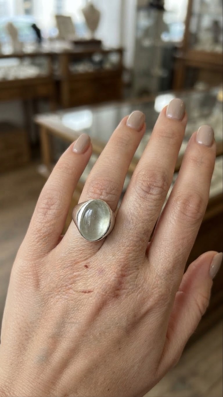 Sterling Silver 925 Natural Aquamarine Cabochon Ring, Sea Green-Blue, UK N / US 7 / EU 54~212