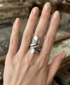 Vintage Ukrainian Sterling Silver 925 Modernist Zigzag Ring Clear Stones UK M½ US 6½