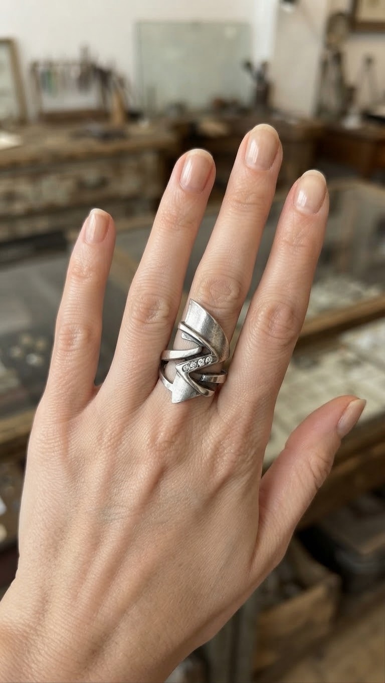Vintage Ukrainian Sterling Silver 925 Modernist Zigzag Ring Clear Stones UK M½ US 6½ image 2