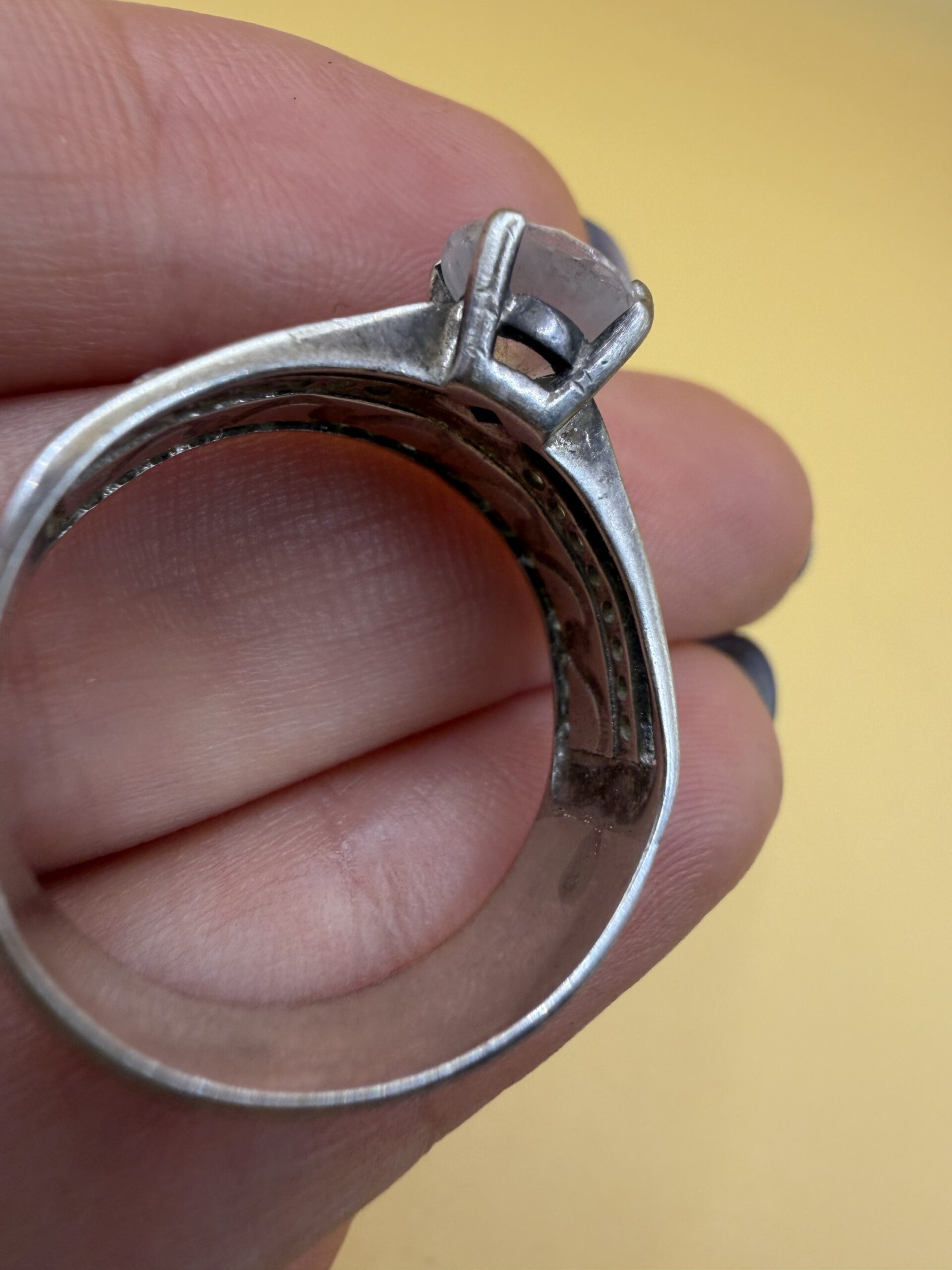 Vintage Sterling Silver CZ Solitaire & Wide Wave Band Ring Set – UK Size S~35