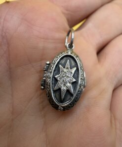 Vintage Sterling Silver 925 Oval Starburst Locket Pendant – CZ – Victorian Style – 90s, Hallmarked~212