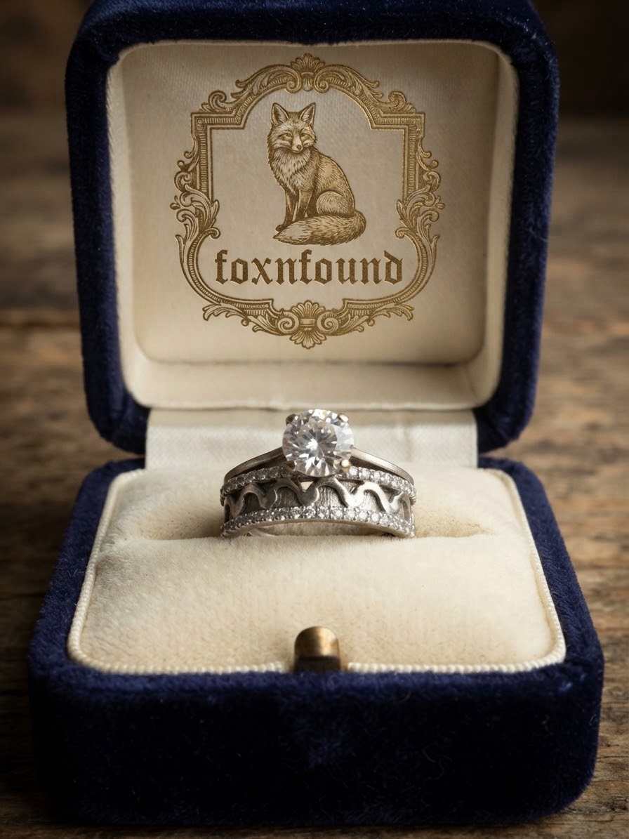 Vintage Sterling Silver CZ Solitaire & Wide Wave Band Ring Set – UK Size S~35
