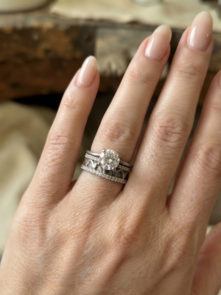 Vintage Sterling Silver CZ Solitaire & Wide Wave Band Ring Set – UK Size S~35