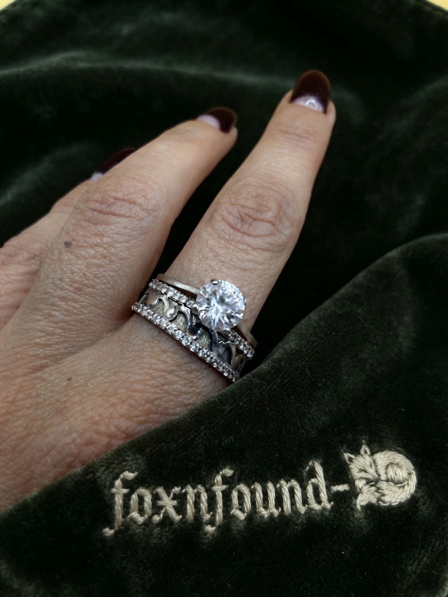 Vintage Sterling Silver CZ Solitaire & Wide Wave Band Ring Set – UK Size S~35