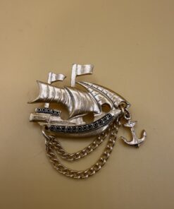 Vintage Soviet USSR Gold Tone Sailing Ship Brooch with Anchor & Chain, Nautical Pin~210