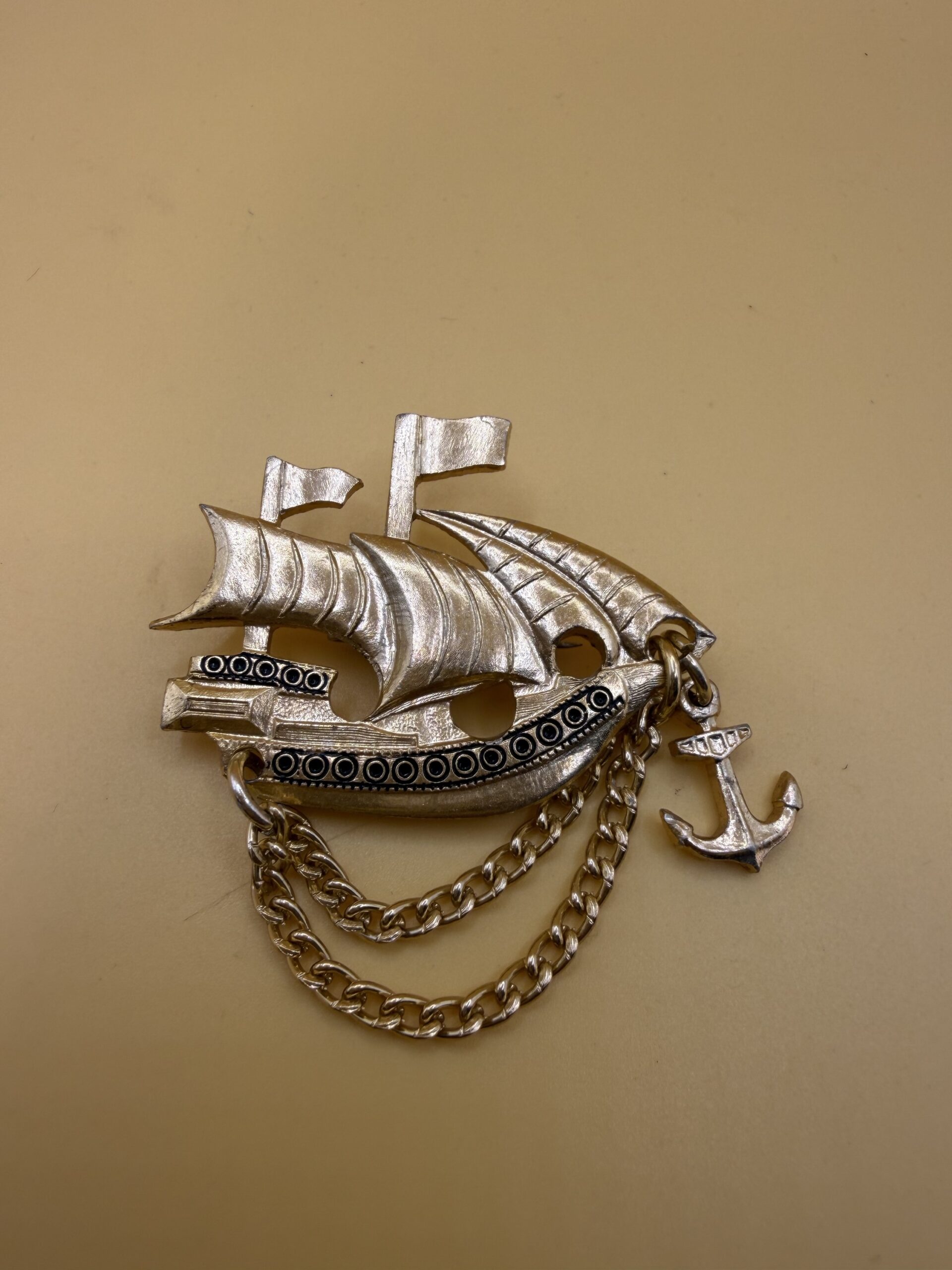 Vintage Soviet USSR Gold Tone Sailing Ship Brooch with Anchor & Chain, Nautical Pin~210