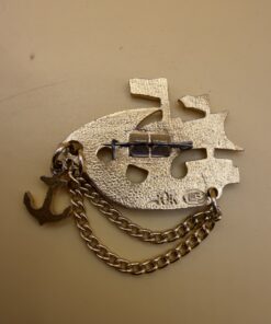 Vintage Soviet USSR Gold Tone Sailing Ship Brooch with Anchor & Chain, Nautical Pin~210