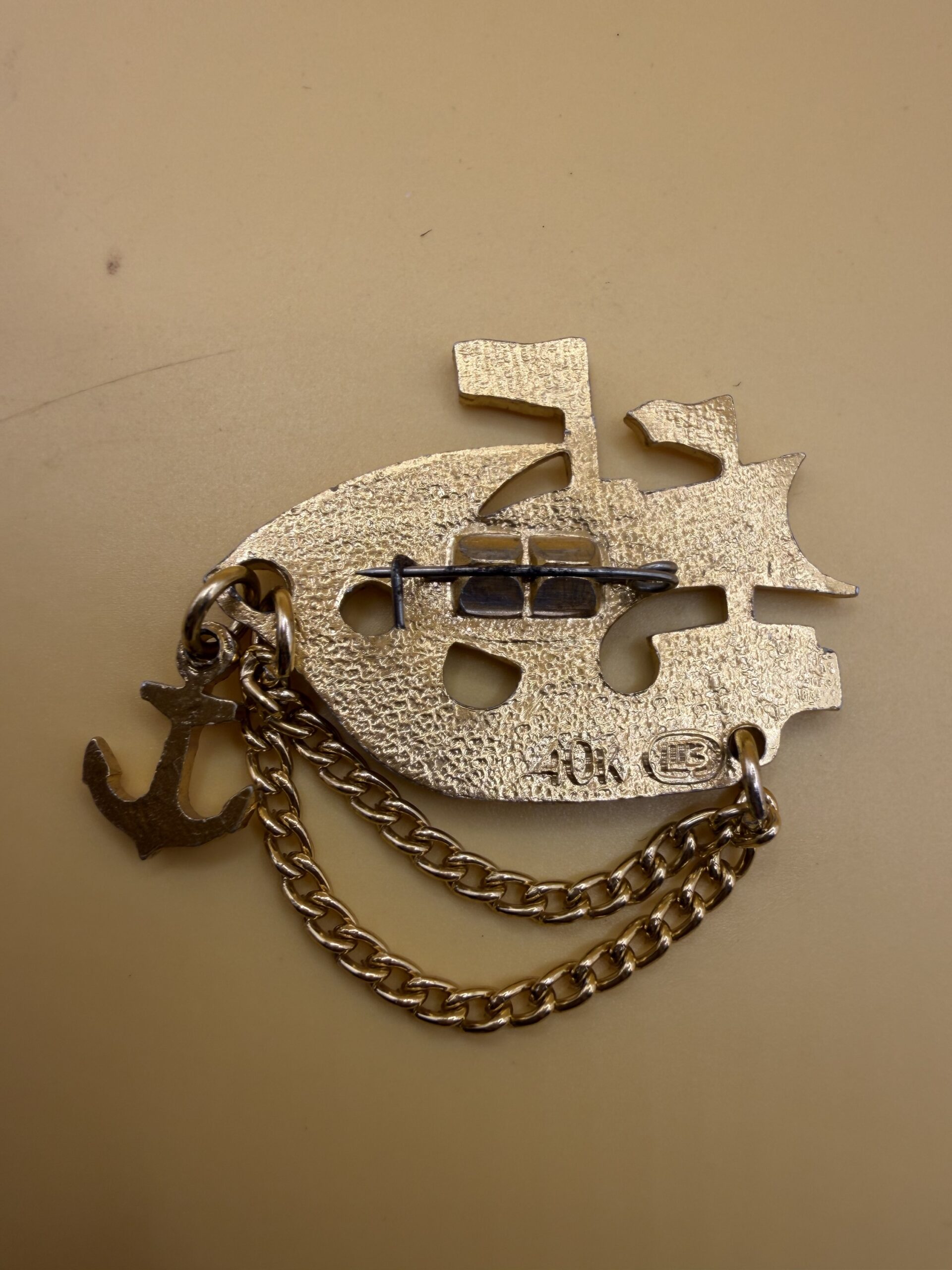 Vintage Soviet USSR Gold Tone Sailing Ship Brooch with Anchor & Chain, Nautical Pin~210