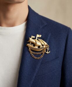 Vintage Soviet USSR Gold Tone Sailing Ship Brooch with Anchor & Chain, Nautical Pin~210