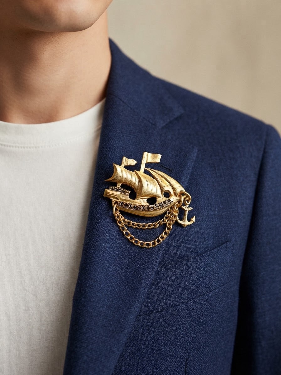 Vintage Soviet USSR Gold Tone Sailing Ship Brooch with Anchor & Chain, Nautical Pin~210