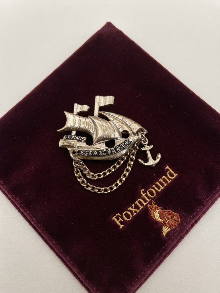 Vintage Soviet USSR Gold Tone Sailing Ship Brooch with Anchor & Chain, Nautical Pin~210