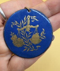 Vintage 1960s–70s Enamel on Copper Pendant – Libra Scales, Love vs Money – Blue & Gold~213