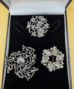 Lot of 3 Silver Tone Statement Brooches Faux Pearl Rhinestone Enamel Tulip Wreath Coral Branch