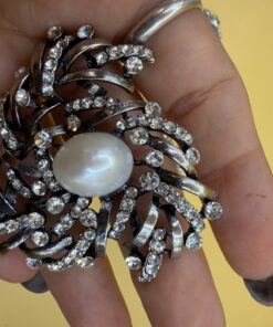 Lot of 3 Silver Tone Statement Brooches Faux Pearl Rhinestone Enamel Tulip Wreath Coral Branch
