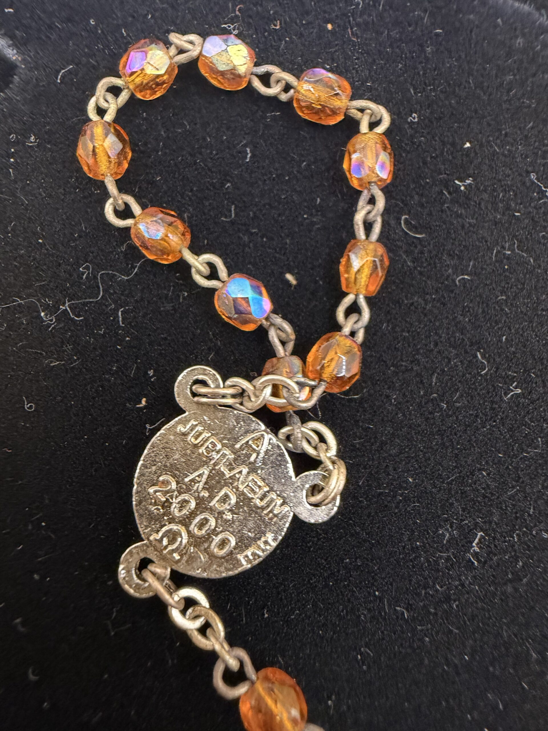 Vintage Padre Pio Decade Rosary Czech Amber AB Glass Beads Crucifix
