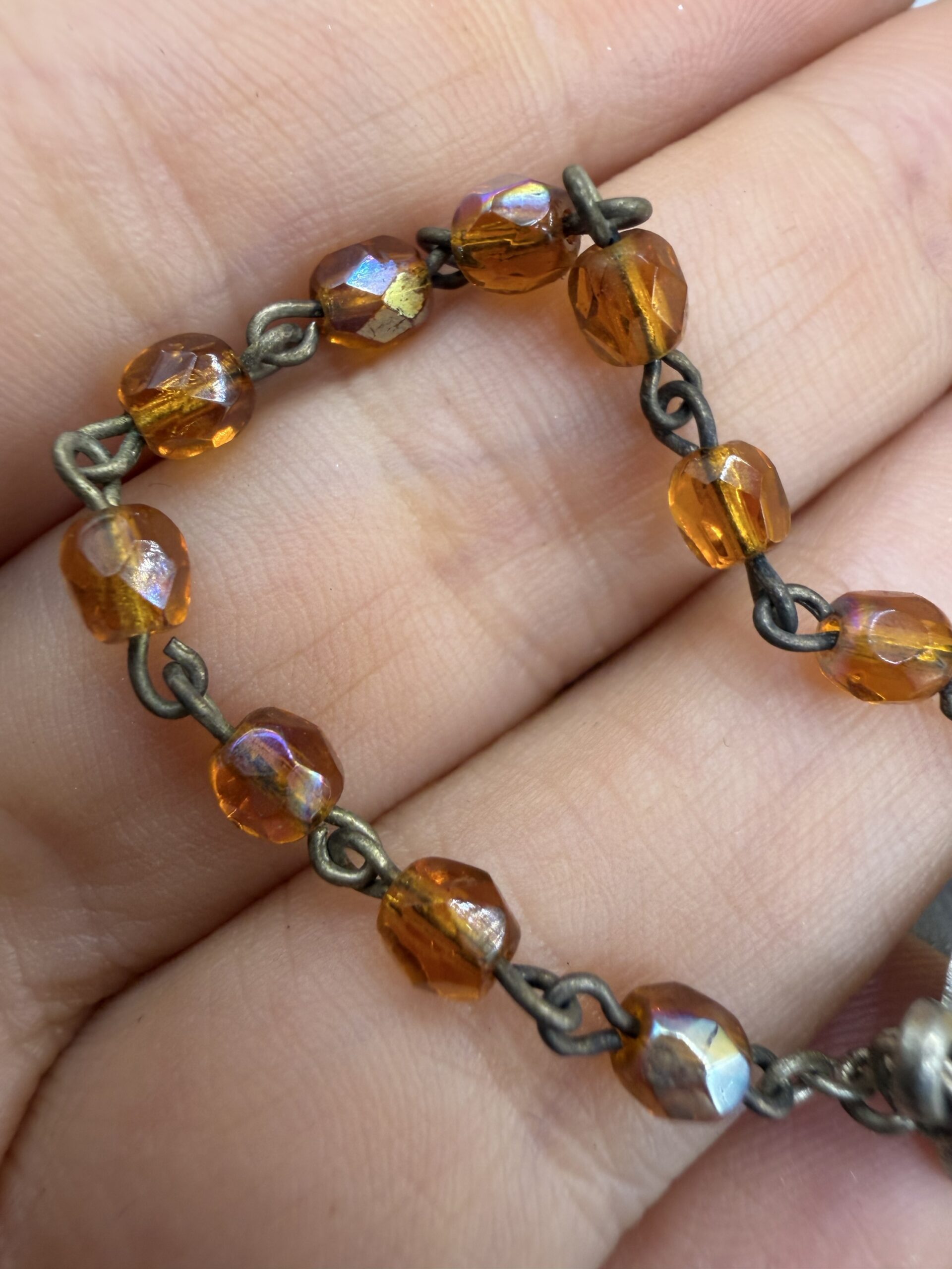 Vintage Padre Pio Decade Rosary Czech Amber AB Glass Beads Crucifix