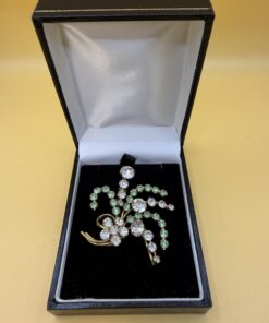 Vintage Czech Rhinestone Spray Brooch Green & Clear Paste Gilt Wire 1950s + Box