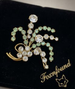 Vintage Czech Rhinestone Spray Brooch Green & Clear Paste Gilt Wire 1950s + Box