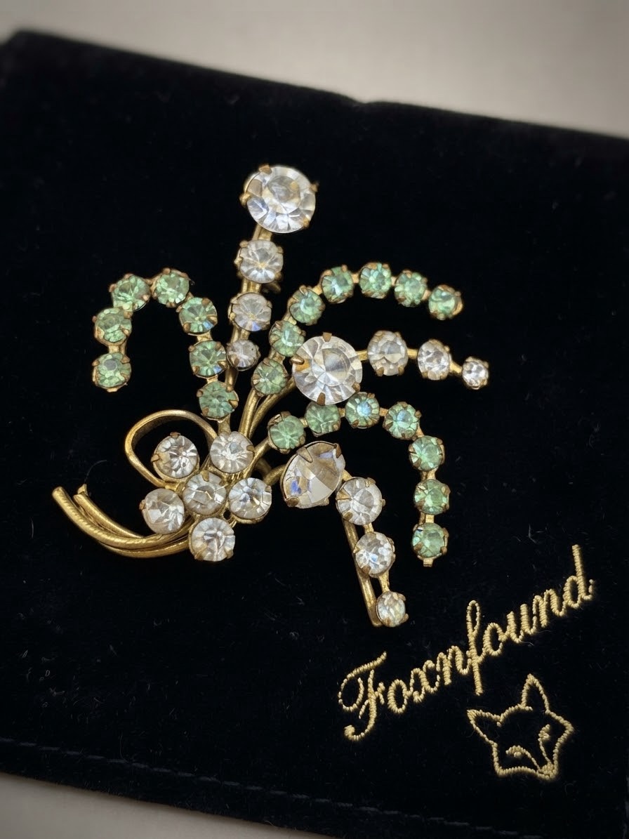 Vintage Czech Rhinestone Spray Brooch Green & Clear Paste Gilt Wire 1950s + Box image 2