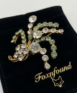 Vintage Czech Rhinestone Spray Brooch Green & Clear Paste Gilt Wire 1950s + Box