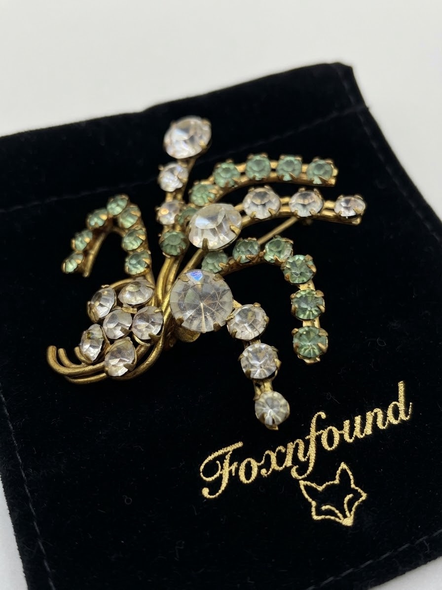 Vintage Czech Rhinestone Spray Brooch Green & Clear Paste Gilt Wire 1950s + Box image 3