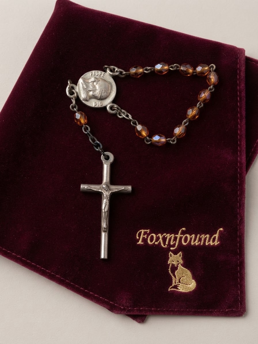 Vintage Padre Pio Decade Rosary Czech Amber AB Glass Beads Crucifix