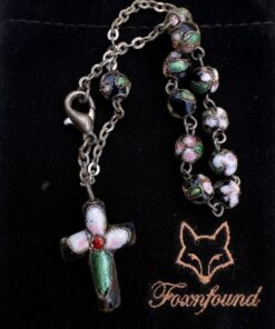 Vintage Cloisonné Enamel Rosary Bracelet Black Floral Beads Cross