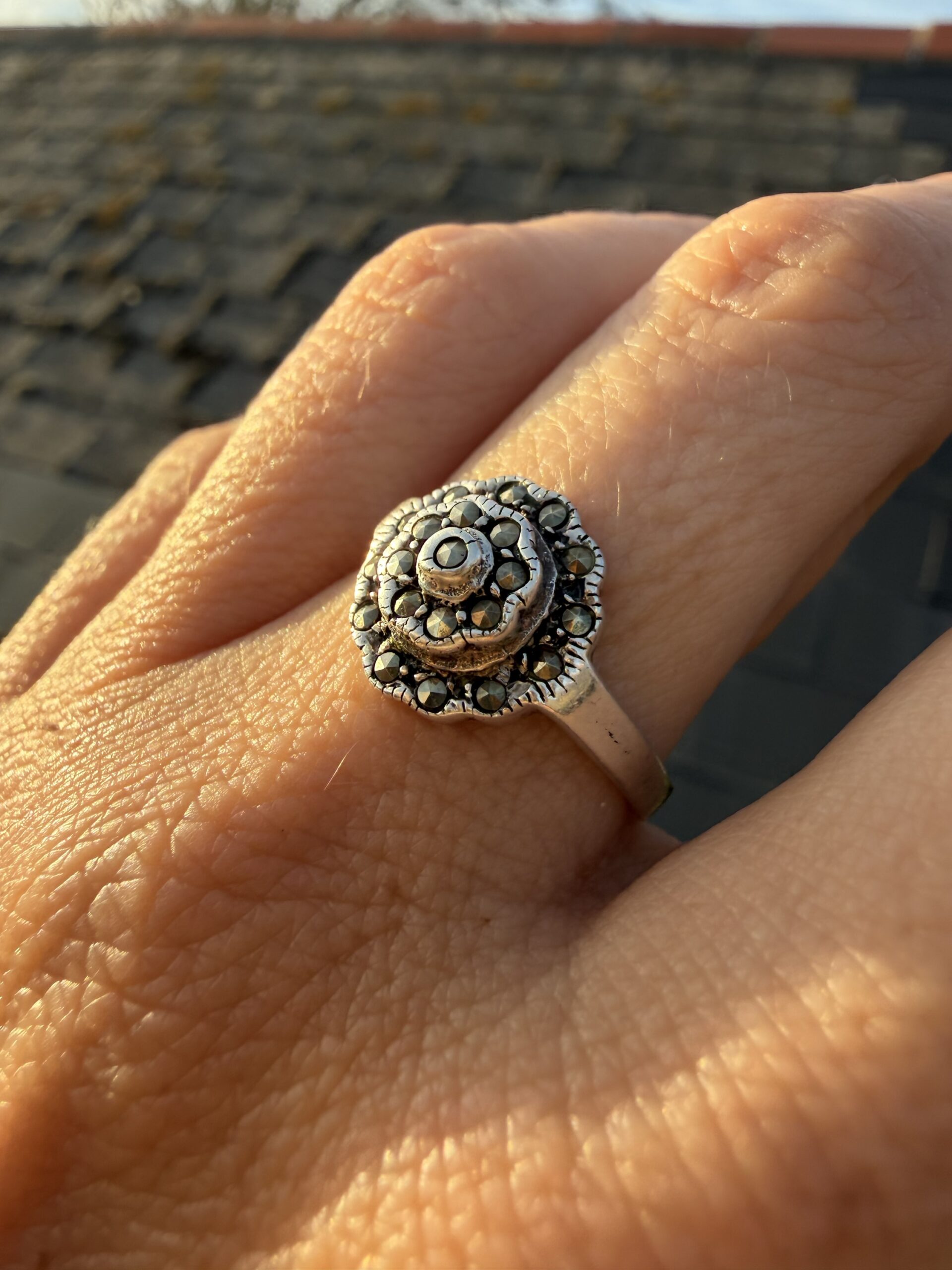 Vintage Sterling Silver 925 Marcasite Rose Flower Ring Art Deco Style UK O½ US 7.5~214