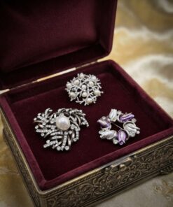 Lot of 3 Silver Tone Statement Brooches Faux Pearl Rhinestone Enamel Tulip Wreath Coral Branch