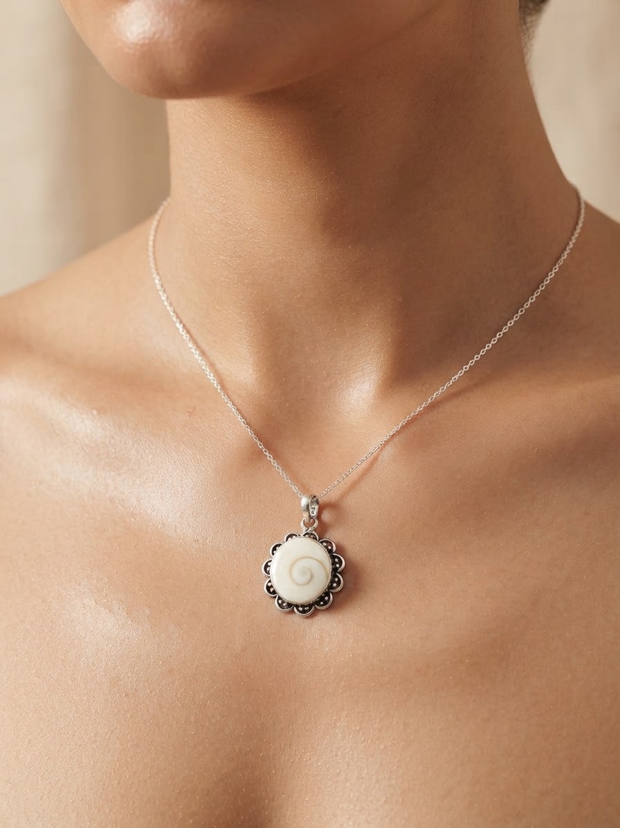 Sterling Silver 925 Shiva Eye Shell Pendant – Boho Flower Setting~213