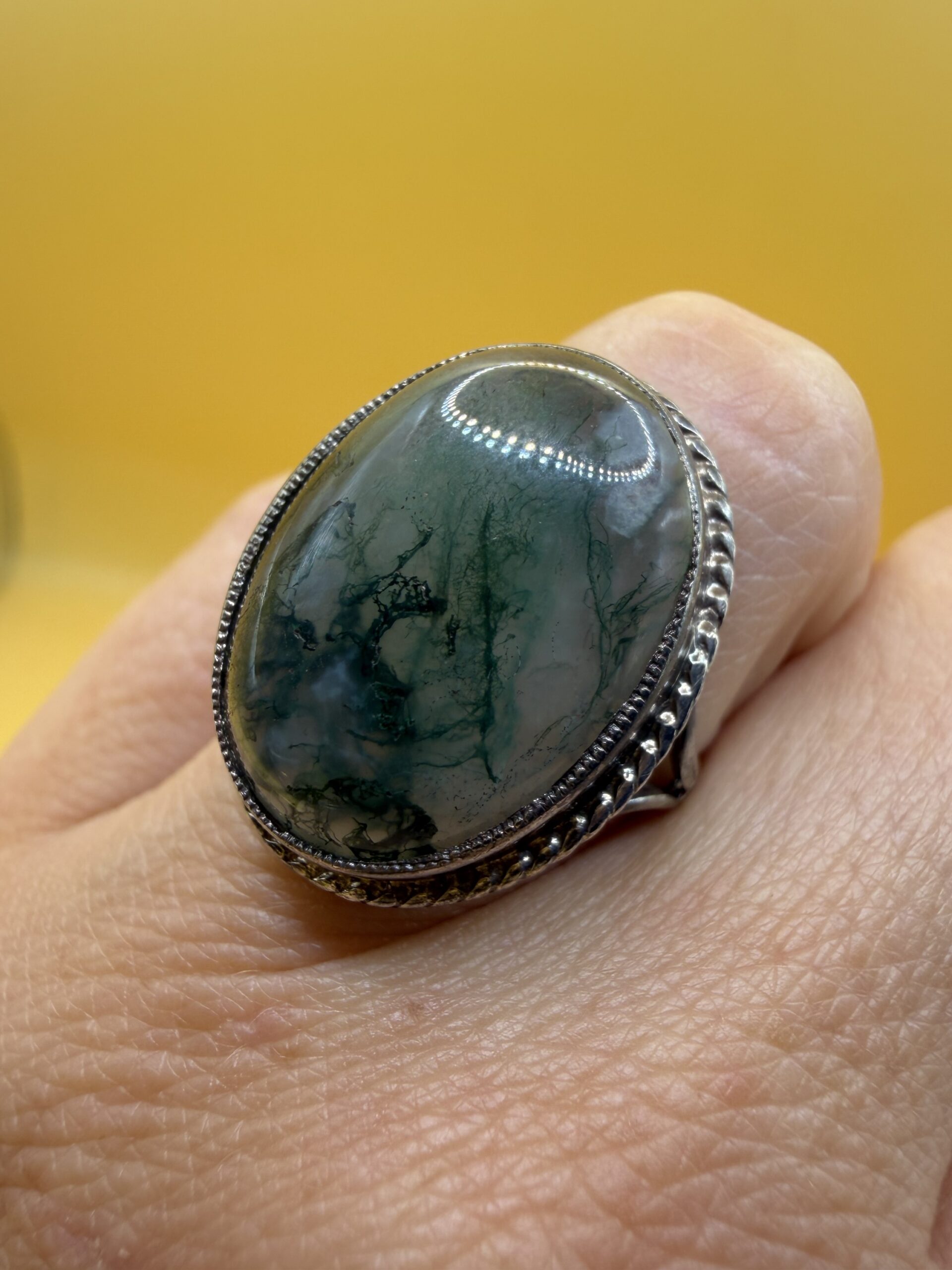 Vintage Moss Agate Silver Statement Ring – UK K½ / US 5.25